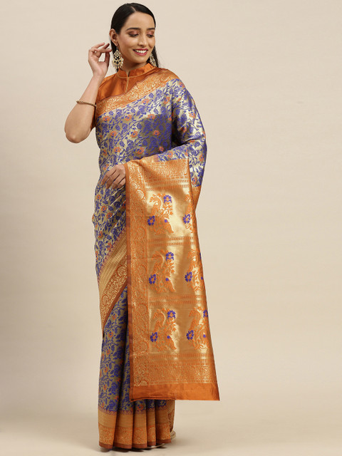 

Mitera Blue & Orange Silk Blend Woven Design Banarasi Saree