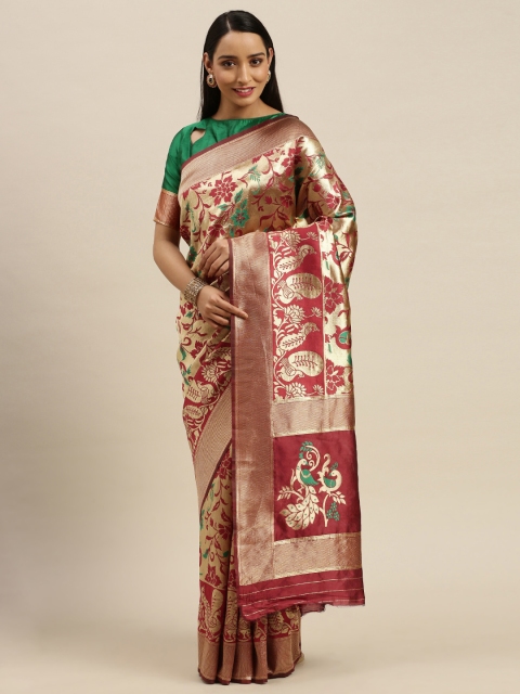 

Mitera Maroon & Golden Silk Blend Woven Design Banarasi Saree