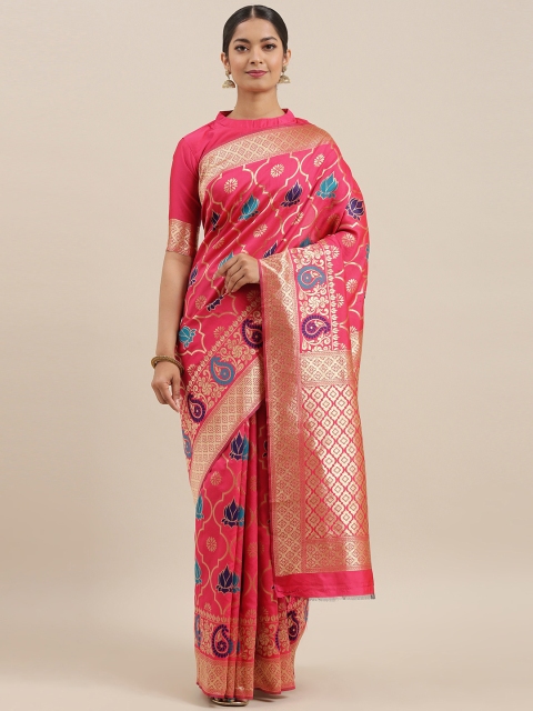 

Mitera Pink & Golden Silk Blend Woven Design Banarasi Saree