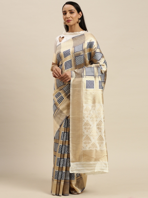 

Mitera Off White & Golden Silk Blend Woven Design Banarasi Saree