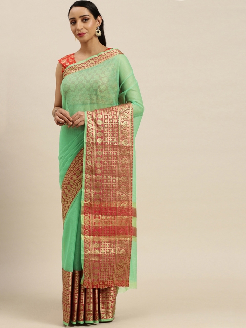 

Mitera Green Pure Cotton Solid Banarasi Celebrity Saree