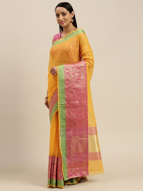 

Mitera Yellow & Pink Pure Cotton Checked Saree