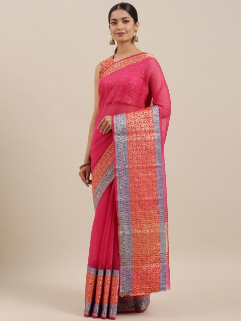 

Mitera Fuchsia Pink & Gold-Toned Pure Cotton Striped Banarasi Saree