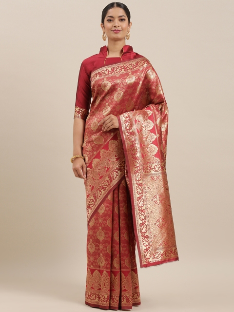 

Mitera Maroon & Gold-Toned Silk Blend Woven Design Banarasi Saree