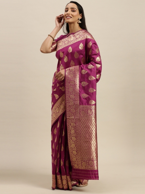 

Mitera Magenta Pink & Gold-Toned Silk Blend Woven Design Banarasi Saree