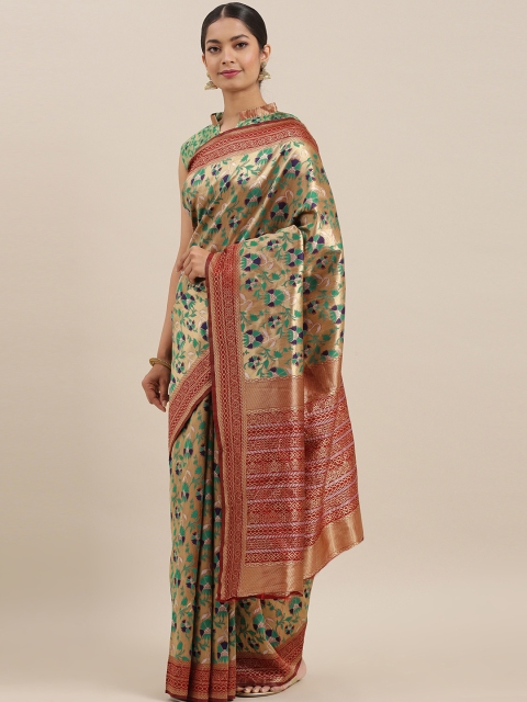 

Mitera Green & Golden Silk Blend Woven Design Banarasi Saree