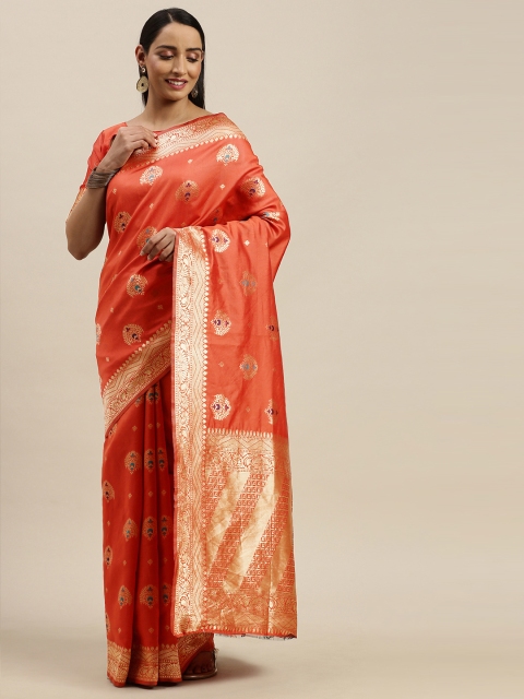 

Mitera Orange & Golden Silk Blend Woven Design Banarasi Saree