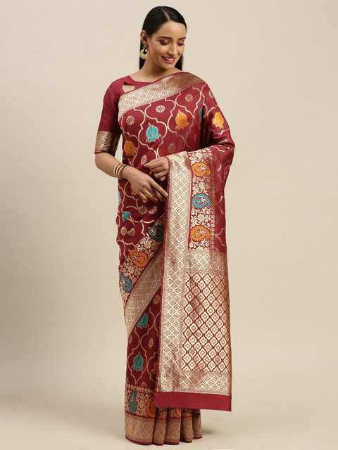 

Mitera Maroon & Gold-Coloured Woven Design Banarasi Celebrity Saree