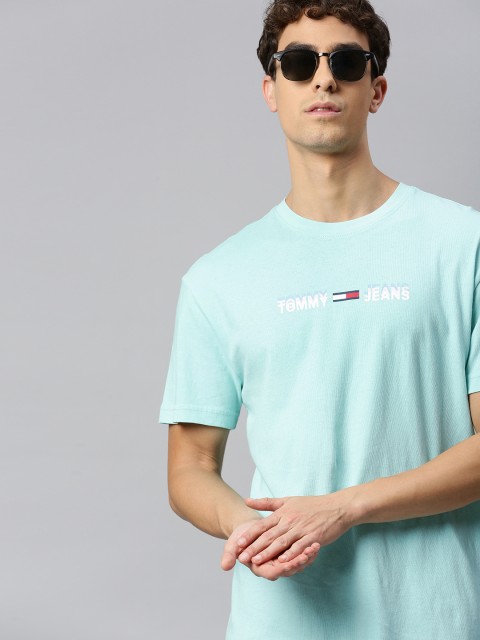 

Tommy Hilfiger Men Turquoise Blue Printed Pure Cotton Round Neck T-shirt