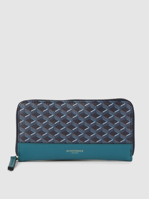 

Accessorize Women Teal Blue & Black Geometric Print Zip Around Wallet