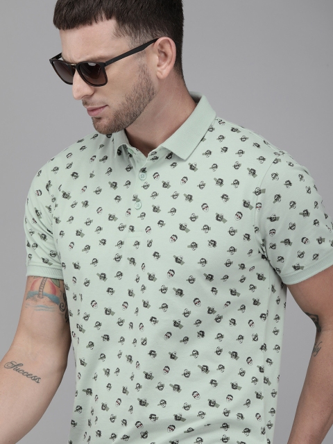 

V Dot Men Sea Green & Black Printed Polo Collar T-shirt