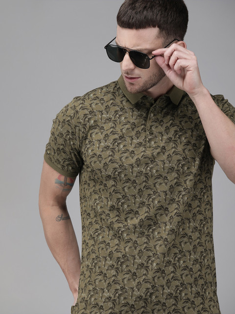 

V Dot Men Olive Green & Black Tropical Printed Polo Collar T-shirt