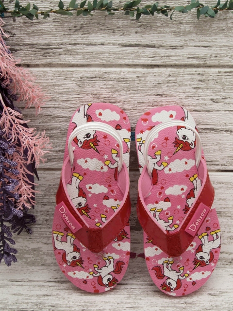 

DChica Girls Red & Pink Unicorn Printed Thong Flip-Flops with Backstrap