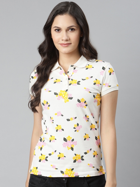 

Park Avenue Women Off-White & Yellow Floral Printed Round Neck T-shirt