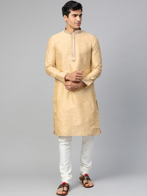 

Manthan Men Beige & Off-White Woven Design Straight Kurta