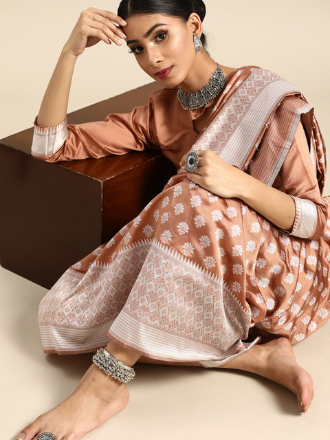 

SHAVYA Brown & Silver Lucknowi Zari Woven Design Saree
