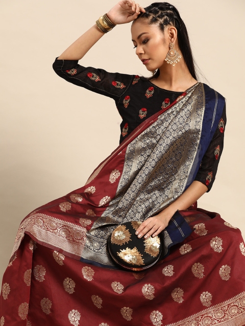 

SHAVYA Burgundy & Golden Silk Blend Zari Woven Design Celebrity Saree