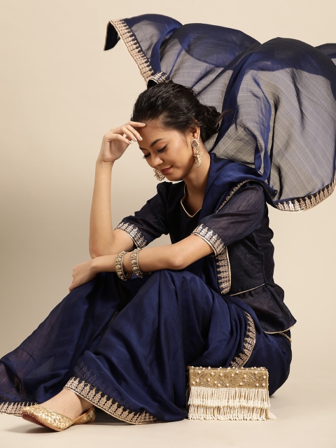

SHAVYA Navy Blue Solid Pure Chiffon Saree