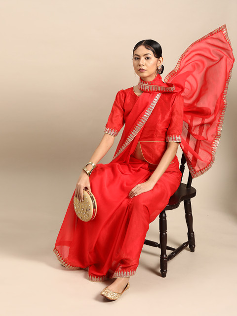 

SHAVYA Women Red Solid Pure Chiffon Saree