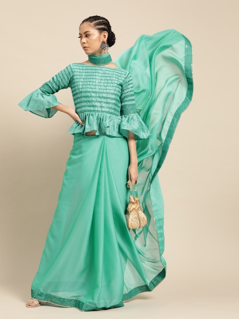 

SHAVYA Turquoise Blue Solid Pure Chiffon Celebrity Saree