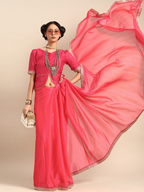 

SHAVYA Pink Solid Pure Chiffon Saree