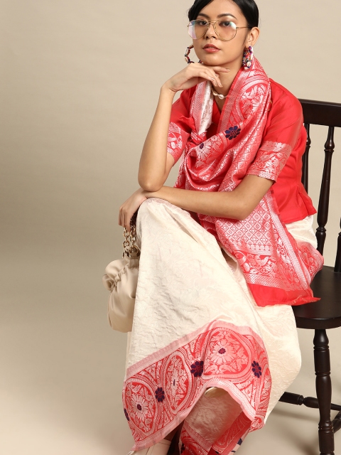 

SHAVYA Off-White & Red Woven Design Banarasi Saree
