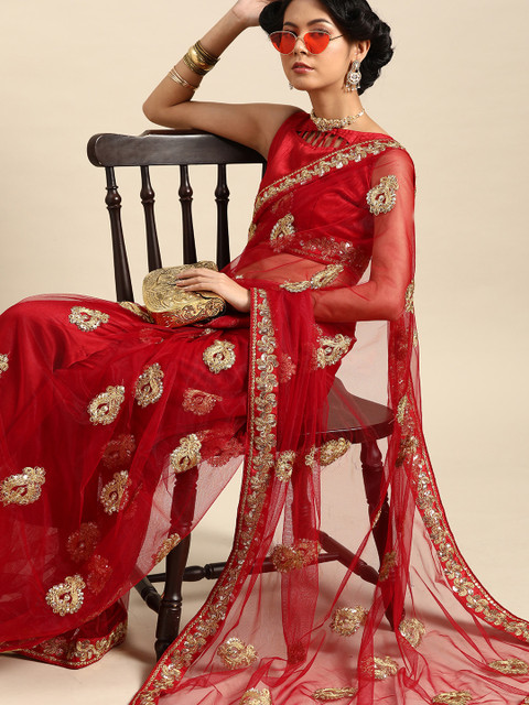 

SHAVYA Maroon & Golden Net Embellished Celebrity Saree