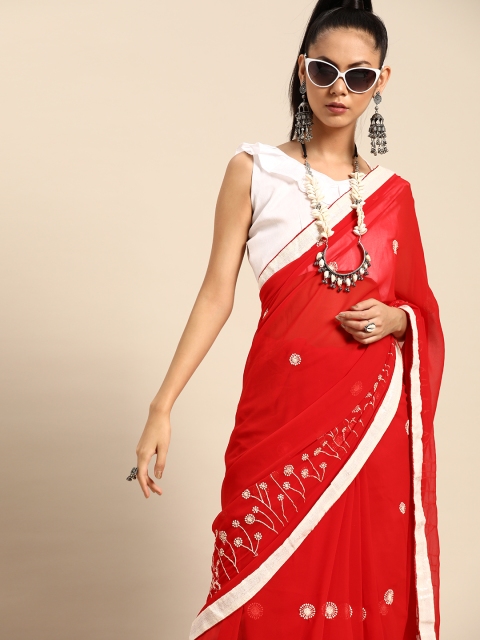 

SHAVYA Red & Cream-Coloured Pure Georgette Embroidered Celebrity Saree