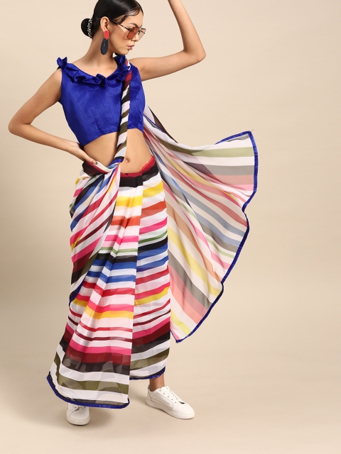 

SHAVYA Women White & Pink Pure Georgette Striped Saree