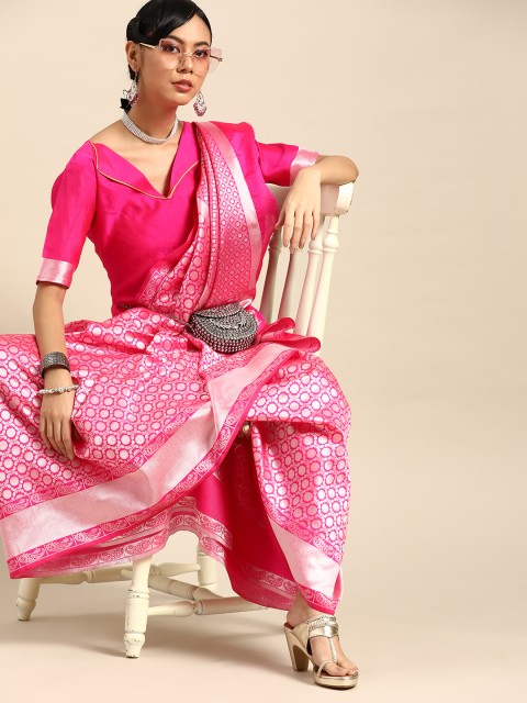 

SHAVYA Pink & Silver Woven Design Banarasi Saree
