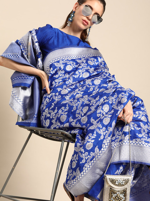

SHAVYA Navy Blue & Silver Zari Woven Design Saree
