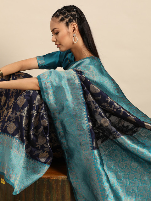 

SHAVYA Blue & Golden Zari Woven Design Banarasi Saree, Navy blue