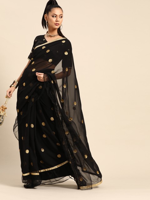 

SHAVYA Women Black & Golden Pure Georgette Embroidered Saree