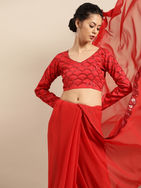 

SHAVYA Red Solid Pure Georgette Ruffled Saree