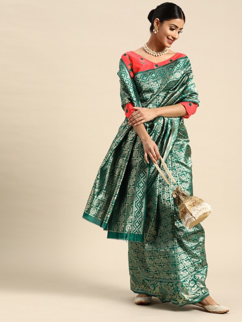 

SHAVYA Green & Golden Silk Blend Woven Design Saree