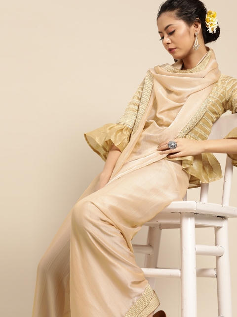 

SHAVYA Beige Solid Pure Chiffon Saree