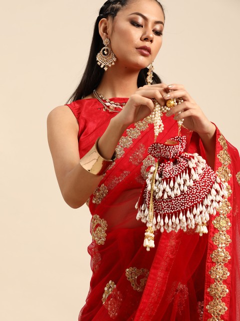 

SHAVYA Red & Golden Embellished Net Saree