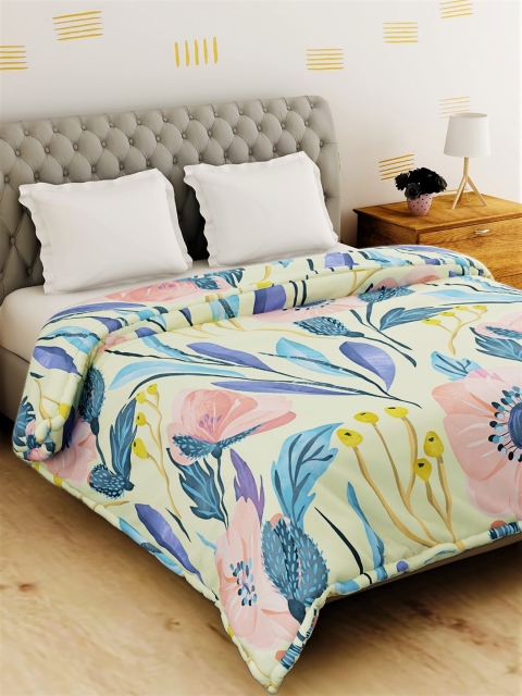 

Salona Bichona Yellow & Turquoise Blue Floral AC Room 120 GSM Double Bed Comforter