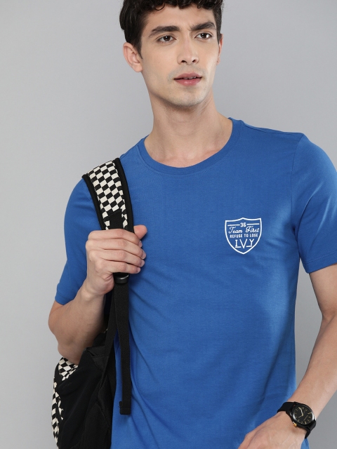 

Harvard Men Blue Solid Round Neck Pure Cotton T-shirt with Printed Detail