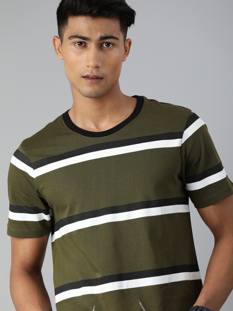 

Harvard Men Olive Green White Striped Round Neck Pure Cotton T-shirt