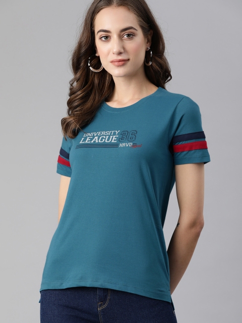 

Harvard Women Blue Printed Pure Cotton T-shirt