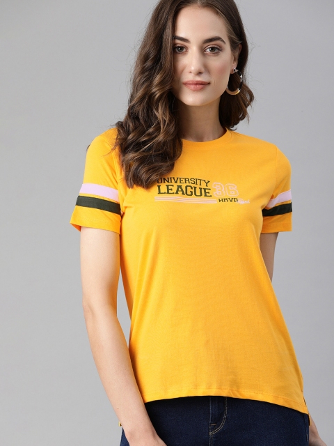 

Harvard Women Yellow Black Printed Pure Cotton T-shirt