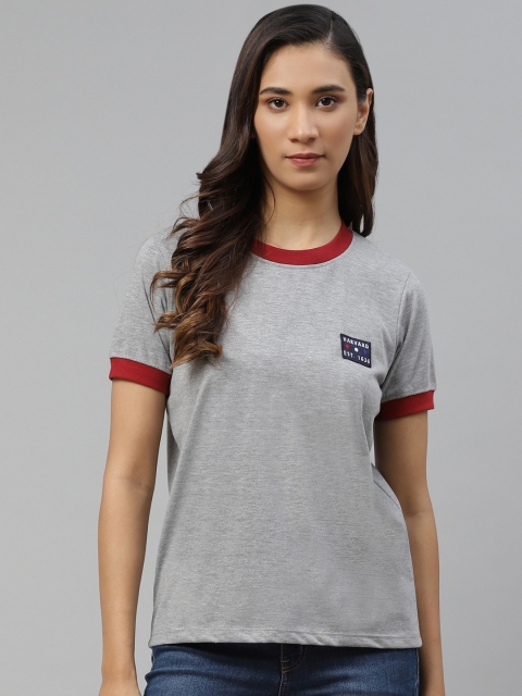 

Harvard Women Grey Melange Solid Applique T-shirt