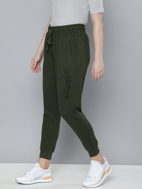 

Harvard Women Olive Green Solid Cropped Joggers with Embroidery