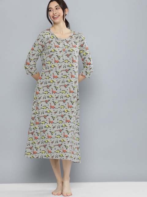 

HERE&NOW Grey Melange & Black Printed Nightdress