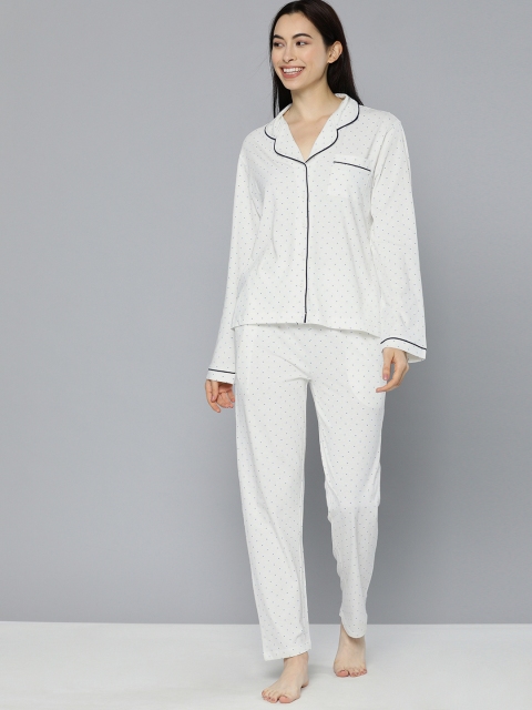 

HERE&NOW Women White & Blue Printed Night suit