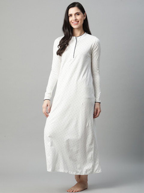 

HERE&NOW Women White & Navy Blue Pure Cotton Printed Nightdress