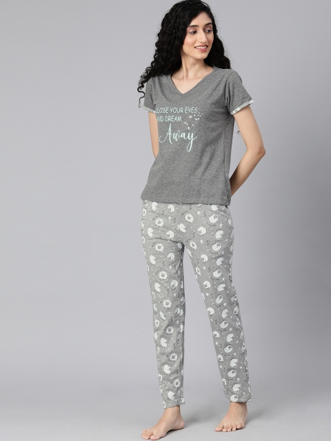 

HERE&NOW Women Grey Melange & White Printed Night suit