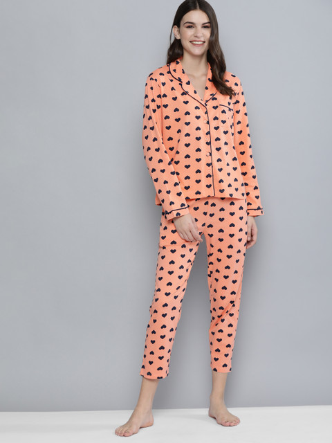 

HERE&NOW Women Peach Conversational Printed Night Suit