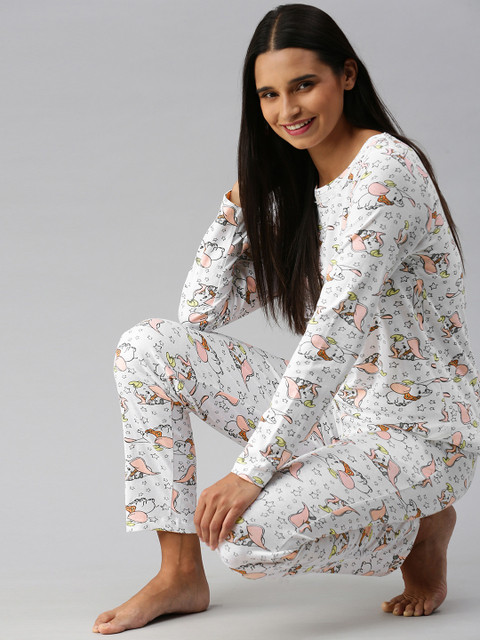 

HERE&NOW Women Off White Conversational Printed Night Suit